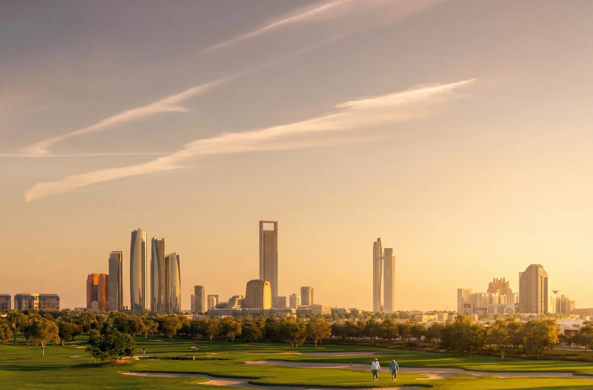18-hole championship golf course at sunset with Abu Dhabi skyline, official Modon render