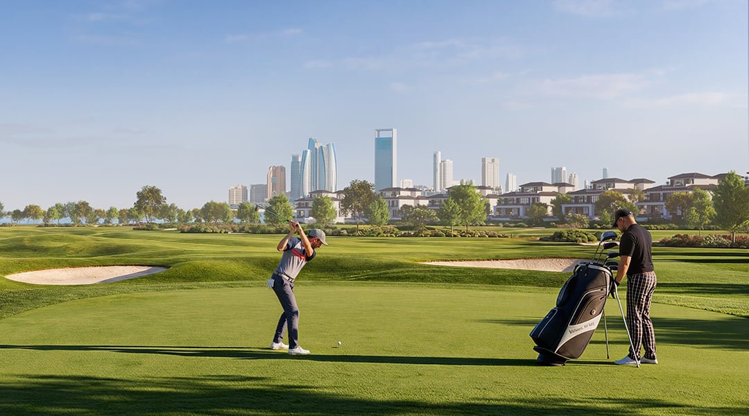 Modon master-planned championship golf course and fairways overlooking the Abu Dhabi skyline