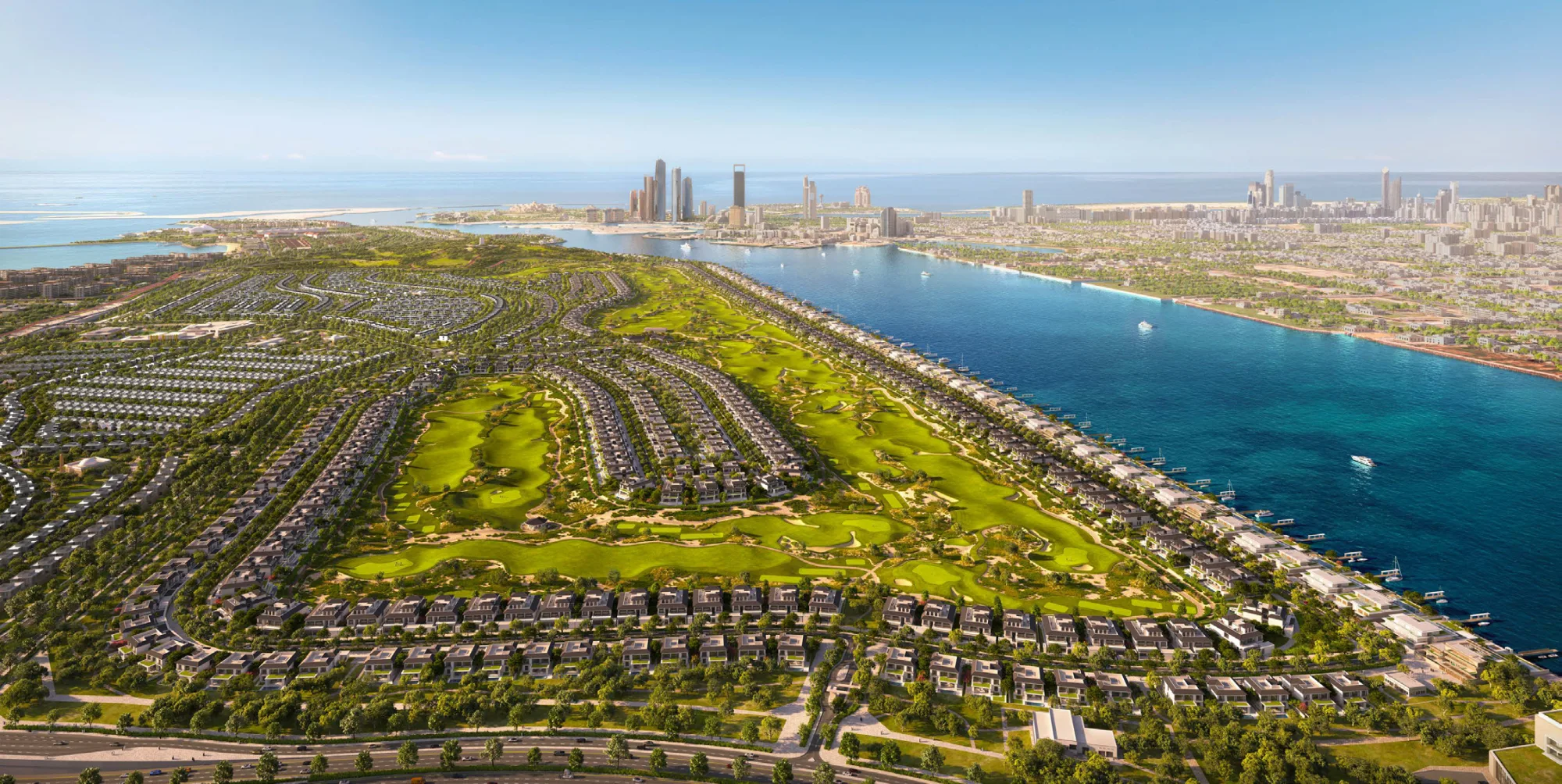 Aerial view of Hudayriyat Island's water channel and villa community, official Modon render