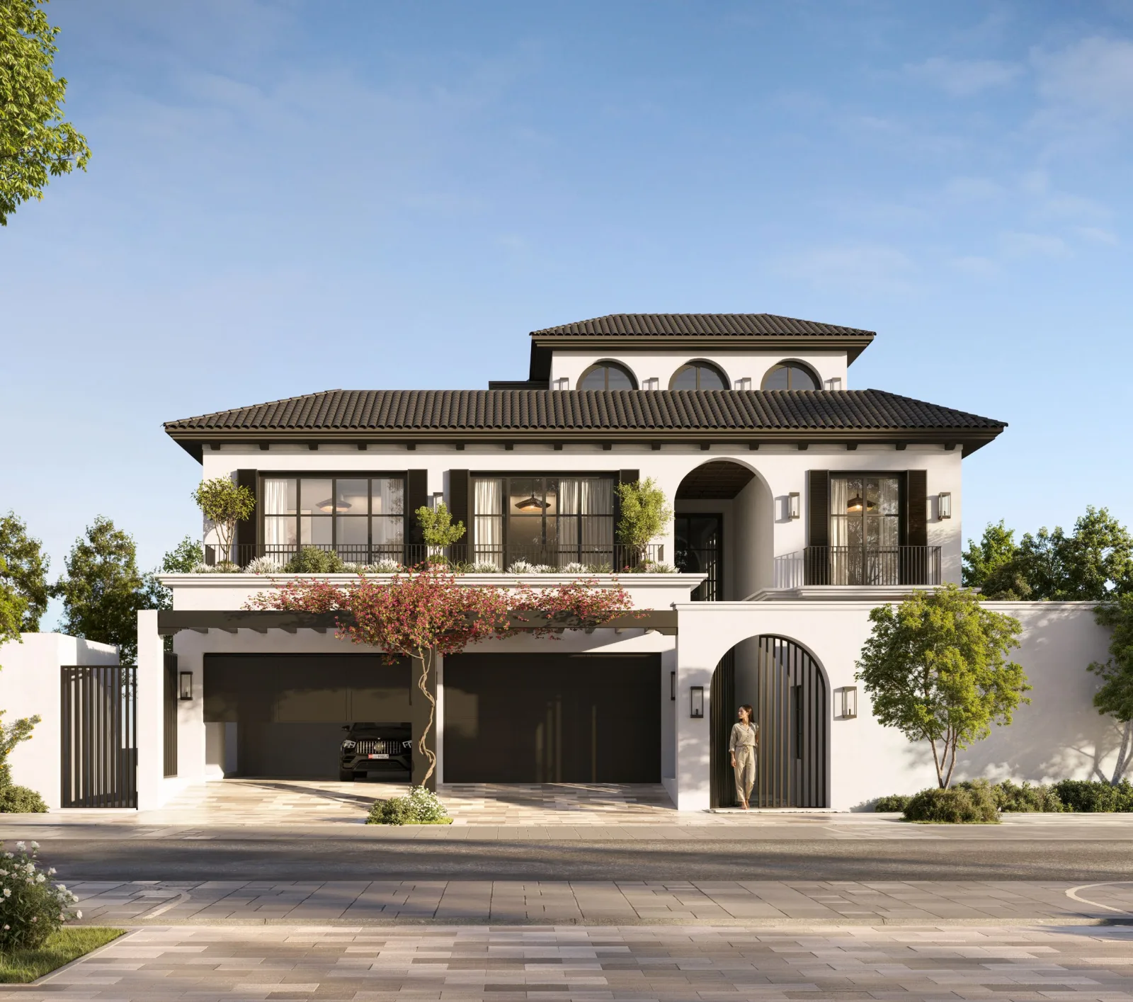 Andalusian-inspired villa exterior at dusk, official Modon render — representative of the Golf Mansions architectural language; a dedicated Fairway Villas render had not been published at the time this page was built