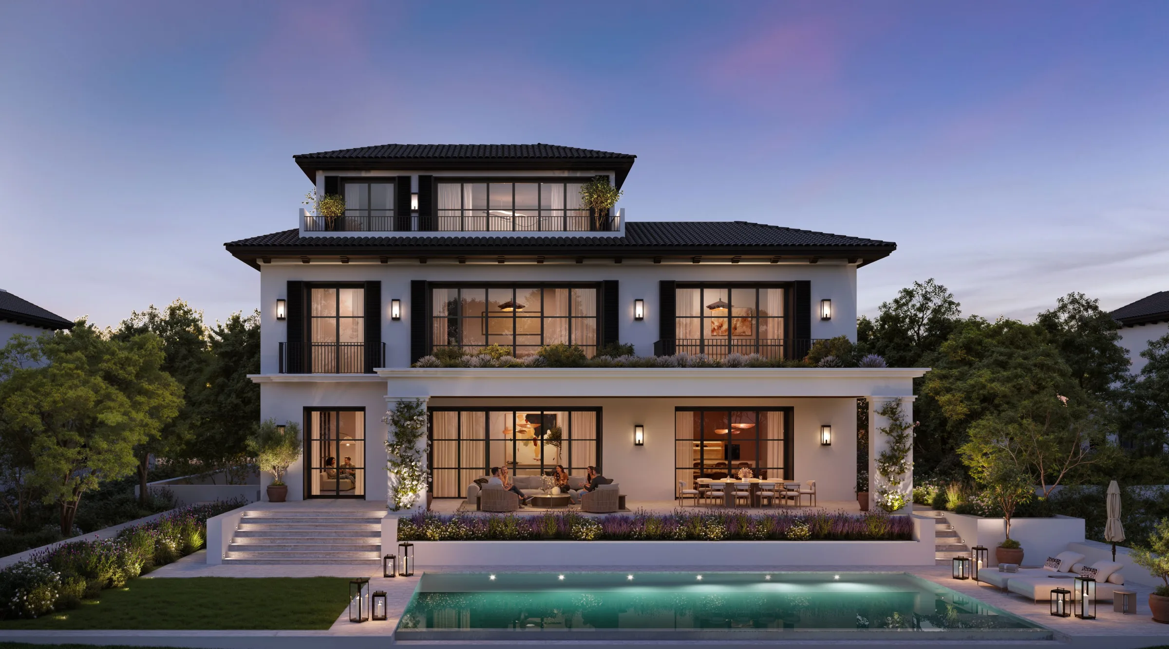 6 bedroom Golf Mansion exterior with pool at dusk, official Modon render