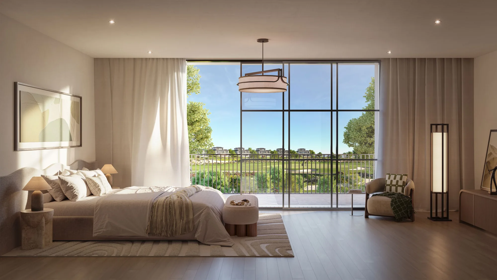 Golf Mansion bedroom with golf course view, official Modon render