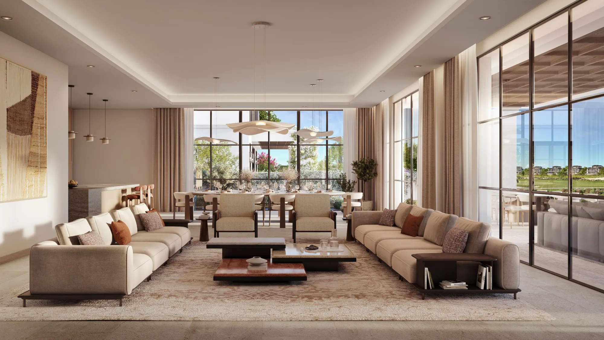 Golf Mansion living and dining interior, official Modon render