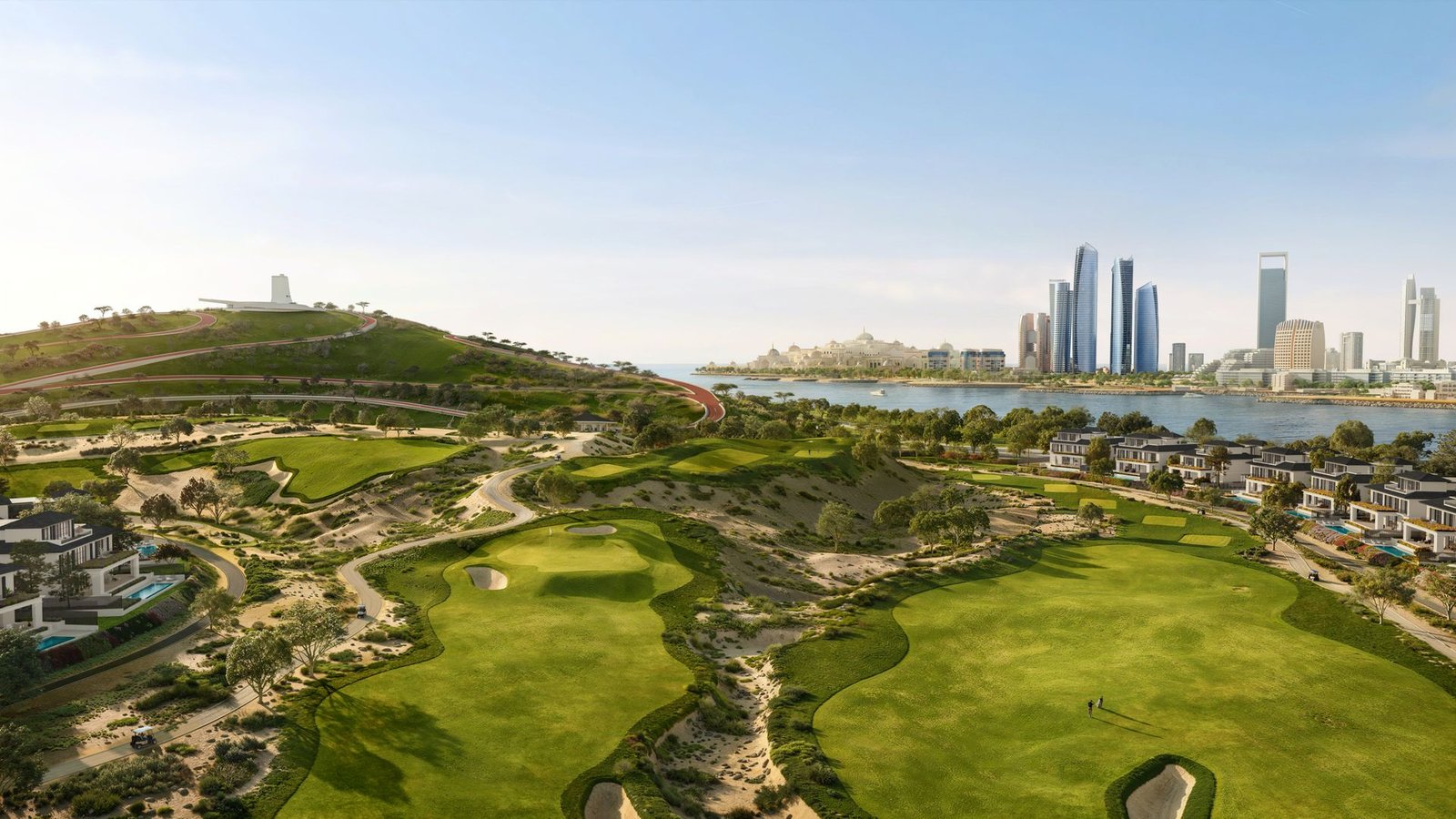 Hudayriyat Golf Estates masterplan view with championship golf course, hill trails, and Abu Dhabi skyline