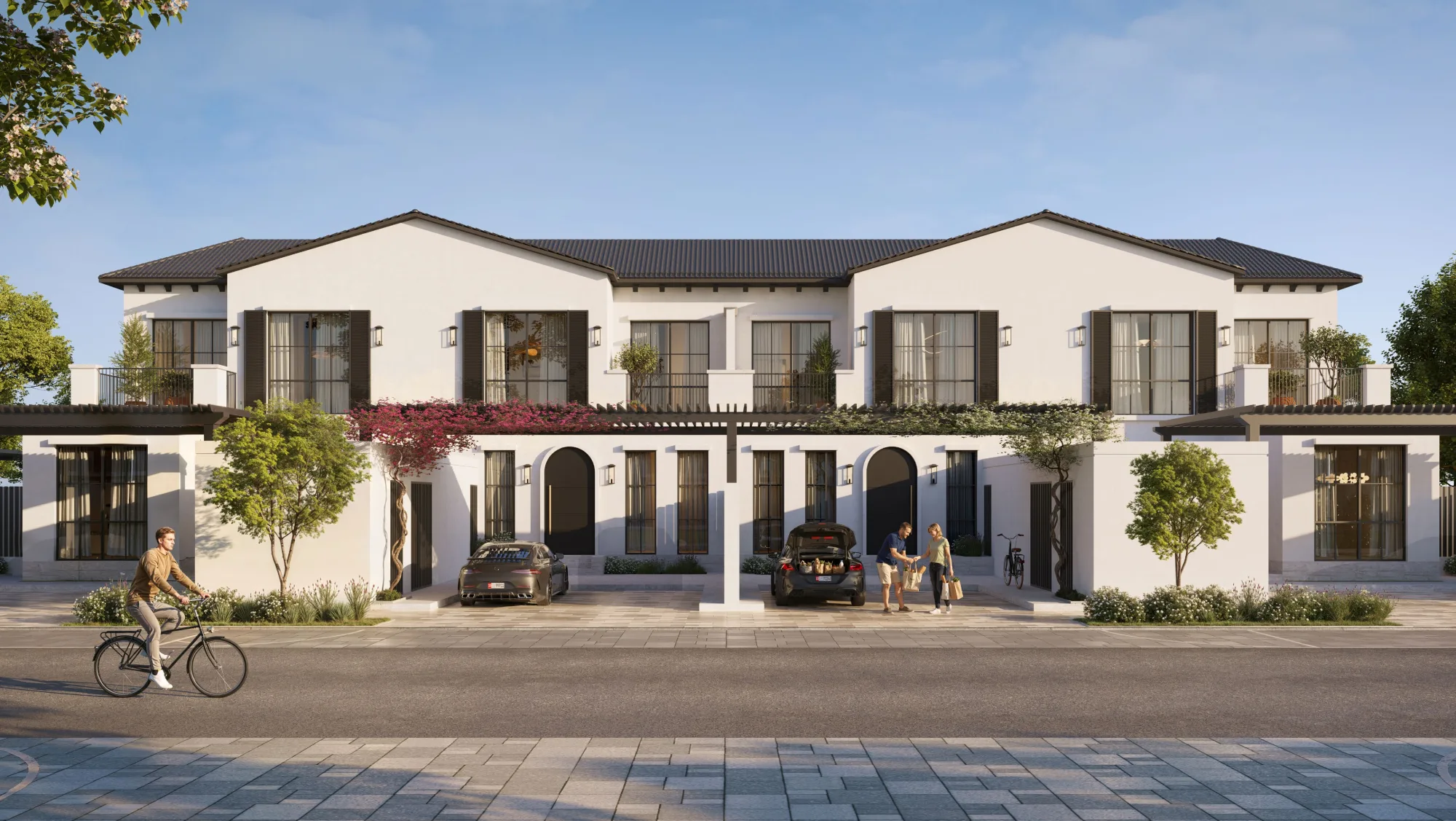 Townhome row exterior street view, official Modon render