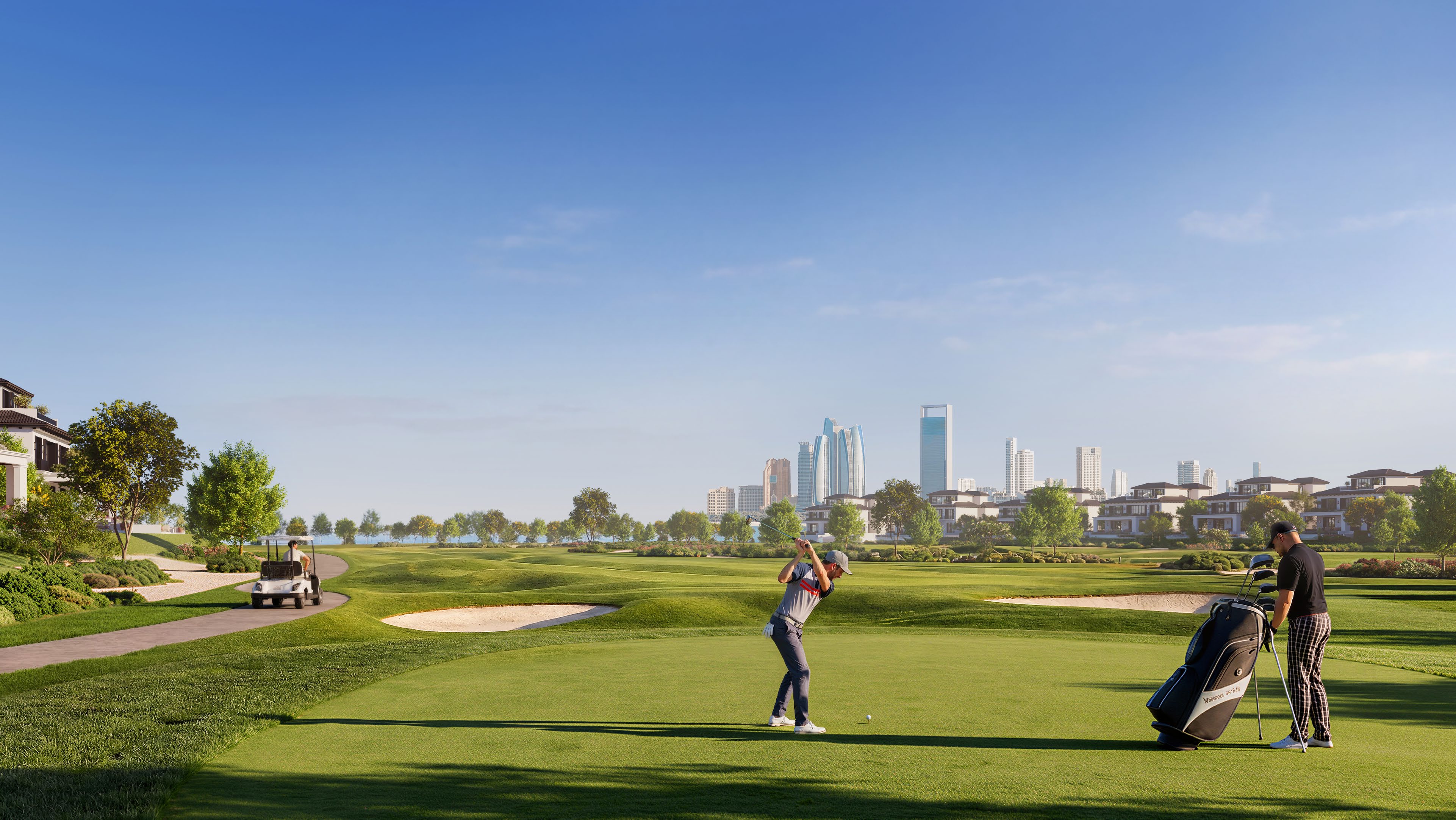 18-Hole Championship Golf Course at Hudayriyat Golf Estates with Abu Dhabi skyline